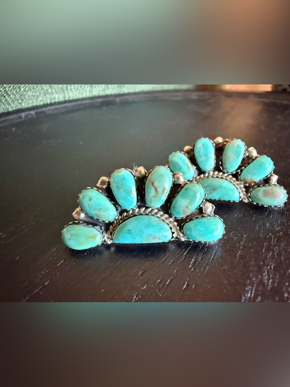 Native Made Kingman Turquoise half  Cluster Sterling earrings stamped & signed.